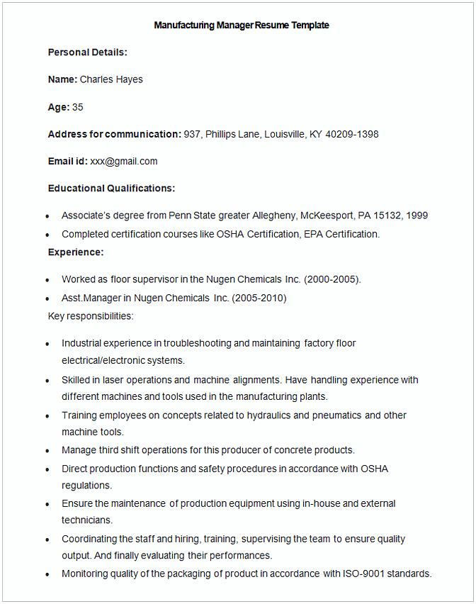 Sample Manufacturing Manager Resume Template Sample Manufacturing Manager Resume Template