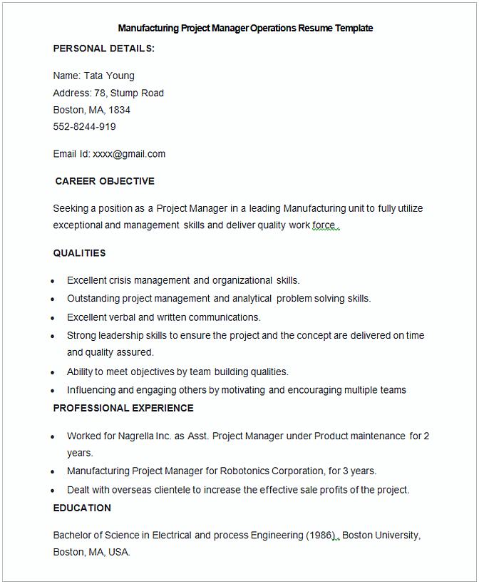 Sample Manufacturing Project Manager Operations Resume Template Sample Manufacturing Project Manager Operations Resume Template