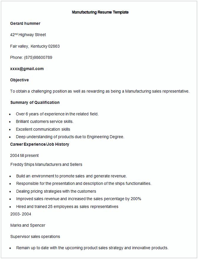 Sample Manufacturing Resume Template Sample Manufacturing Resume Template