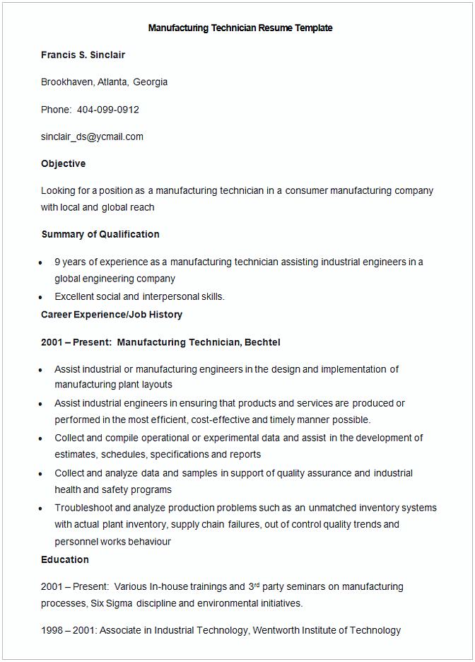 Sample Manufacturing Technician Resume Template Sample Manufacturing Technician Resume Template