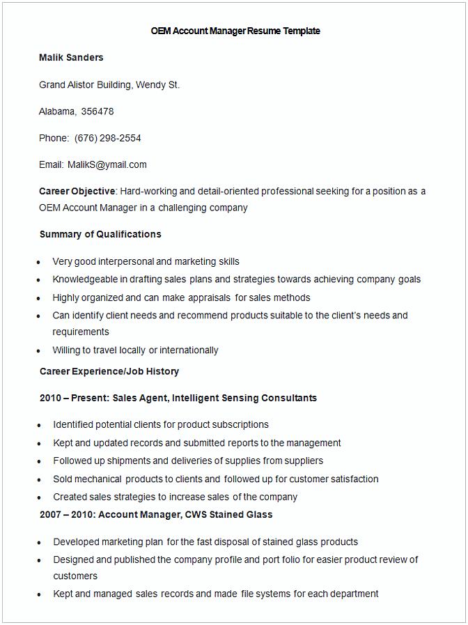 Sample OEM Account Manager Resume Template Sample OEM Account Manager Resume Template