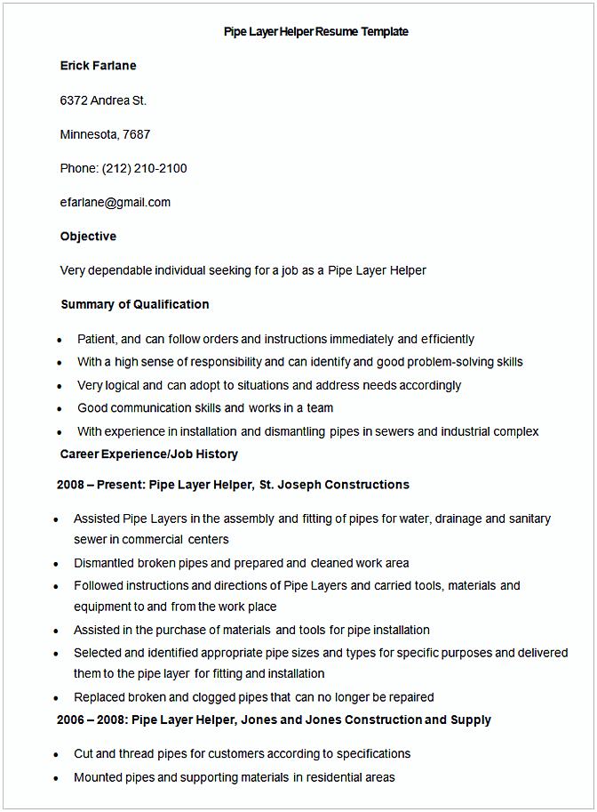Sample Pipe Layer Helper Resume Template Sample Pipe Layer Helper Resume Template