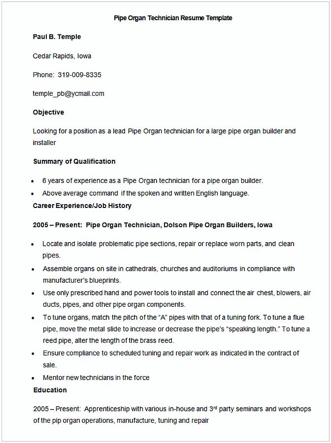 Sample Pipe Organ Technician Resume Template Sample Pipe Organ Technician Resume Template