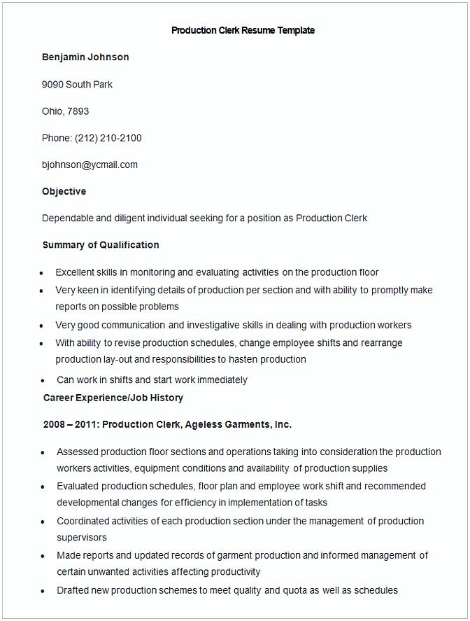 Sample Production Clerk Resume Template Sample Production Clerk Resume Template