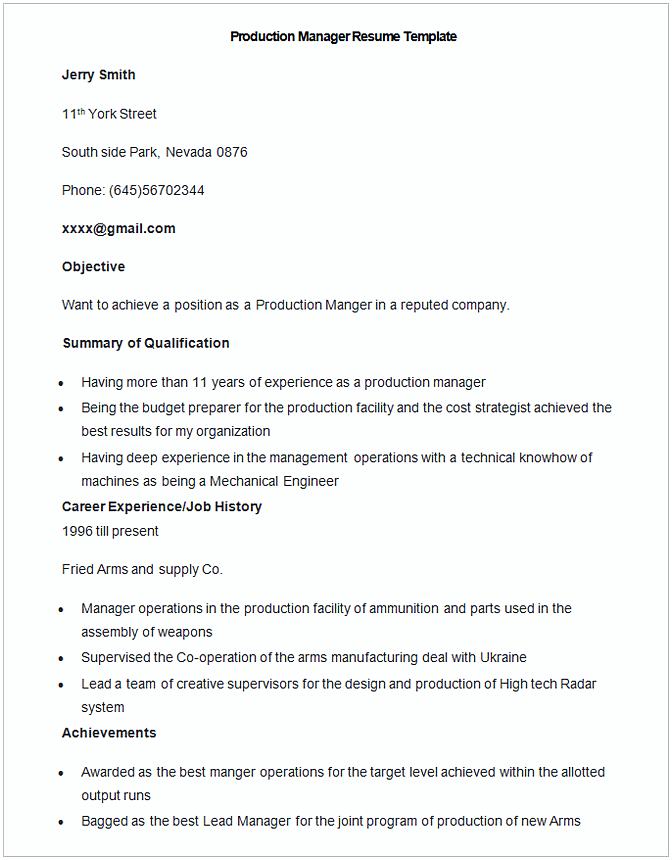 Sample Production Manager Resume Template Sample Production Manager Resume Template