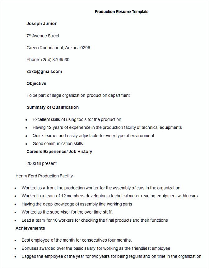 Sample Production Resume Template Sample Production Resume Template