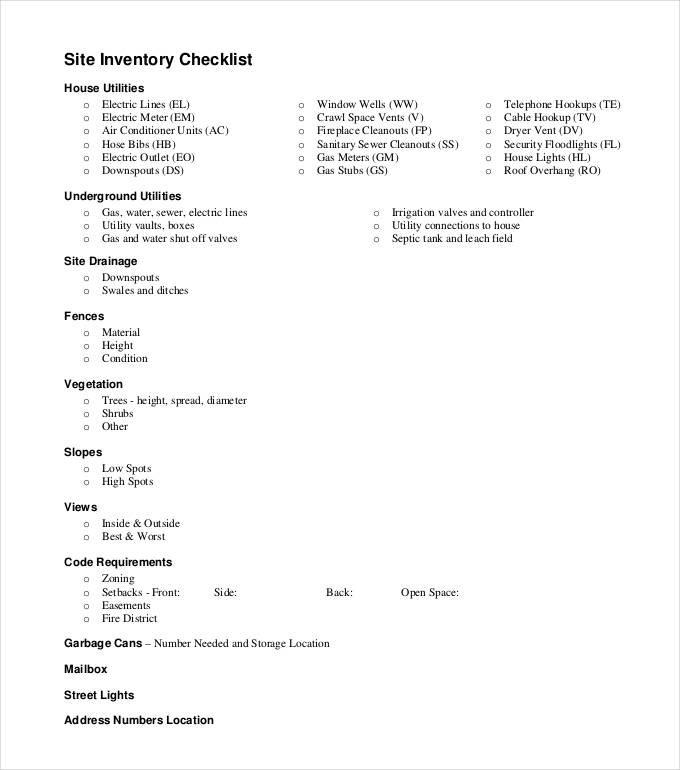 Site Inventory Checklist Site Inventory Checklist