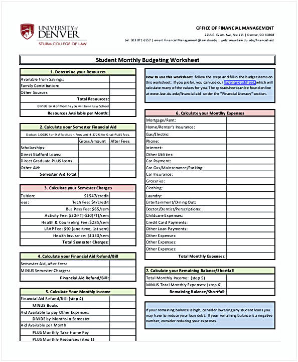 Student Monthly Budgeting Worksheet Student Monthly Budgeting Worksheet
