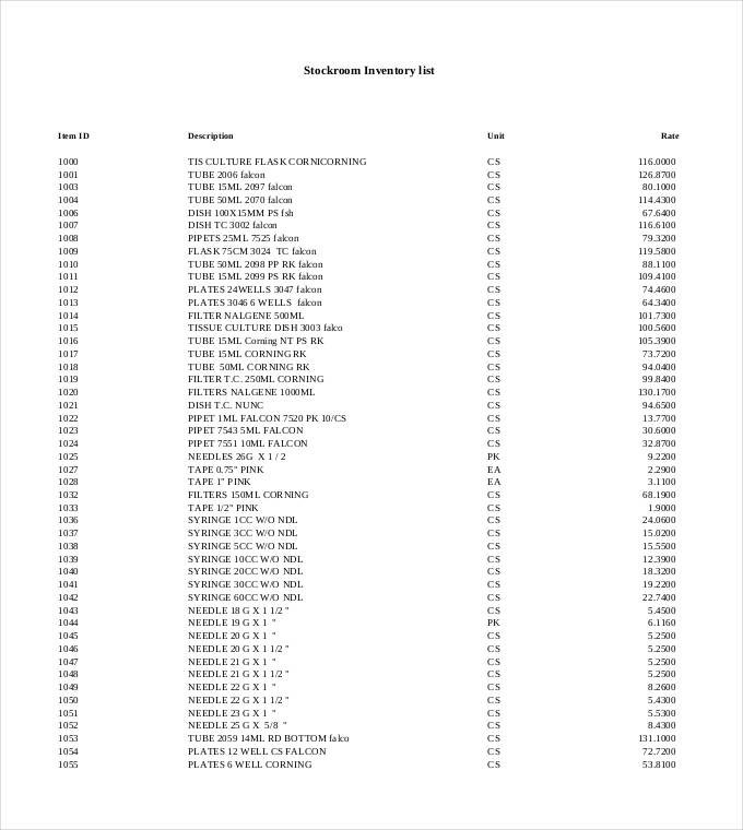 Template for Stockroom Inventory List Template for Stockroom Inventory List