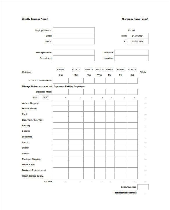 Weekly Expense Report Blank Spreadsheet Excel Template Weekly Expense Report Blank Spreadsheet Excel Template
