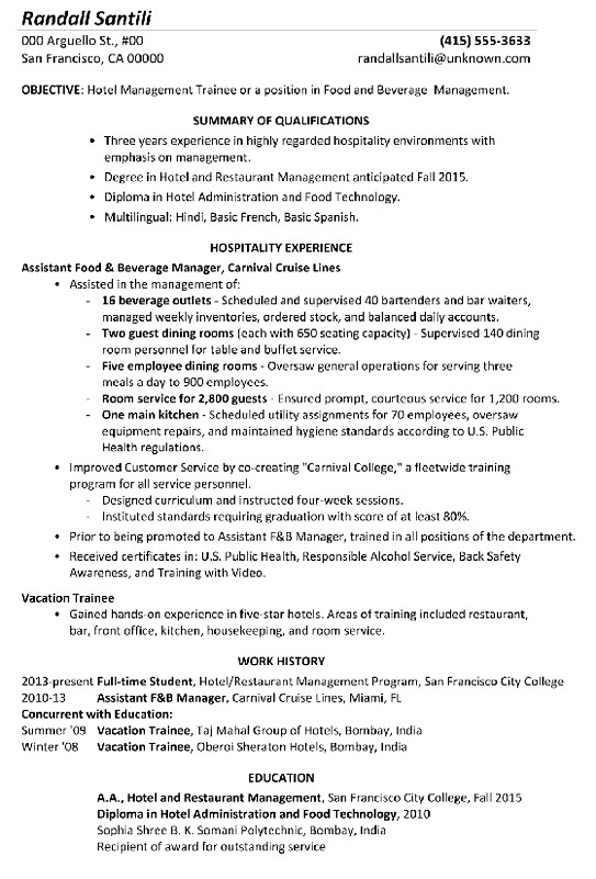 Functional Resume Sample Hotel Management Trainee Functional Resume Sample Hotel Management Trainee