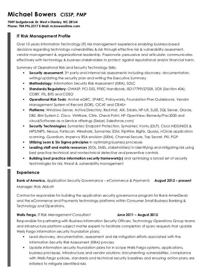 IT risk managnment resume example IT risk managnment resume example
