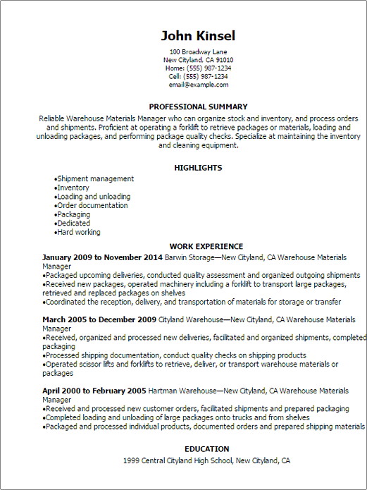warehouse materials manager resume warehouse materials manager resume