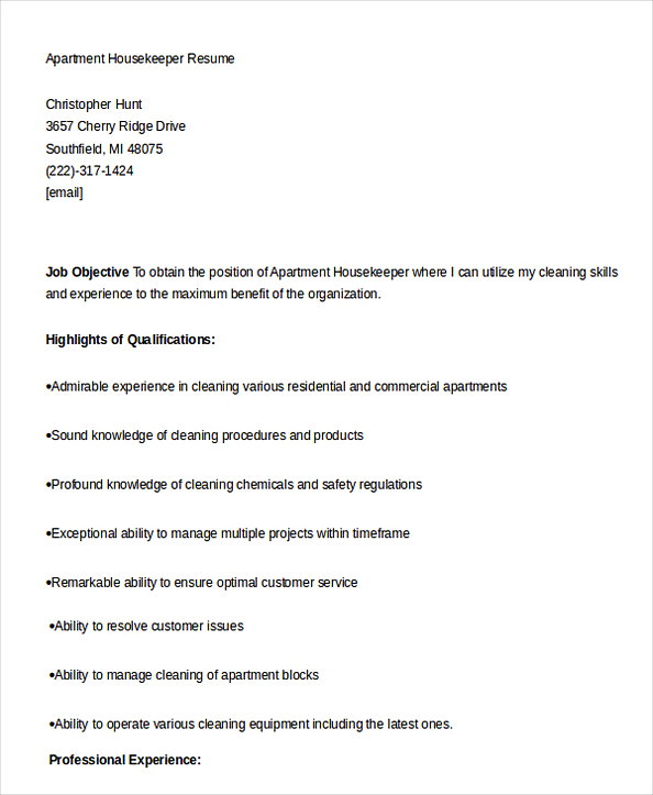 Apartment Housekeeper Resume Template in Word Apartment Housekeeper Resume Template in Word
