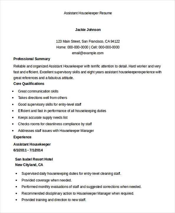 Assistant Housekeeper Resume Assistant Housekeeper Resume