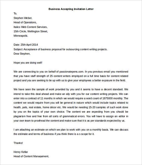 Business Accepting Invitation Letter templatesPrintable Business Accepting Invitation Letter templatesPrintable