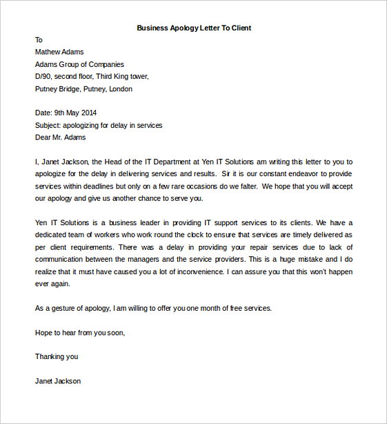 Business Apology Letter To ClientWord Business Apology Letter To ClientWord