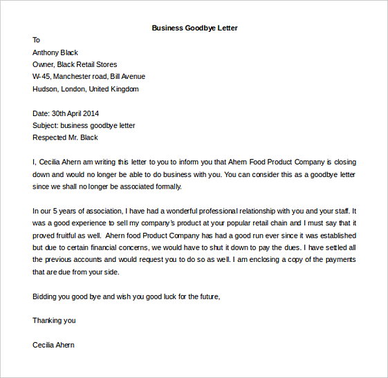 Business Goodbye Letter templates Editable Doc Business Goodbye Letter templates Editable Doc