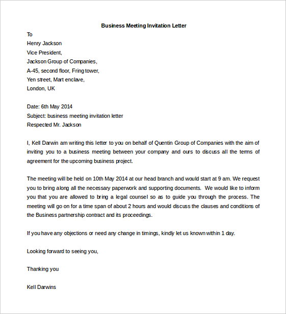 Business Meeting Invitation Letter templates Word Format Business Meeting Invitation Letter templates Word Format