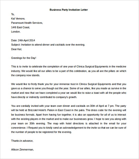 Business Party Invitation Letter templates Business Party Invitation Letter templates