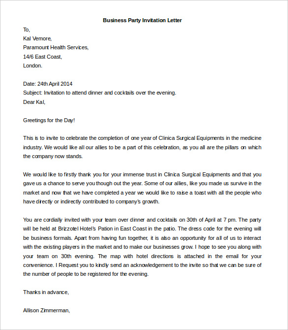Business Party Invitation Letter templates 1 1 Business Party Invitation Letter templates 1 1