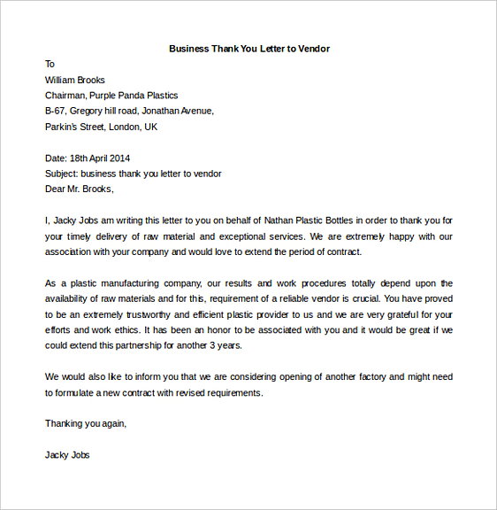 Business Thank You Letter to Vendor 1 Business Thank You Letter to Vendor 1