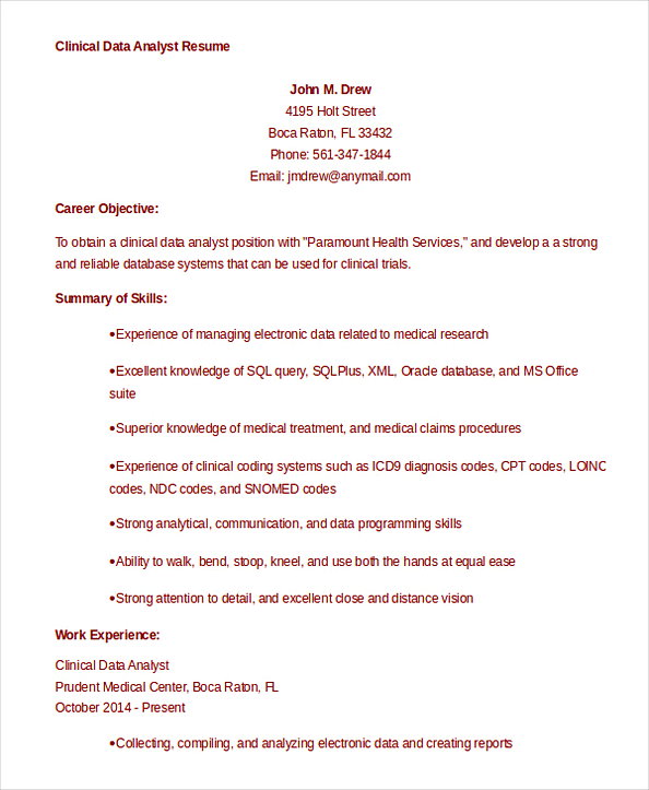 Clinical Data Analyst Resume Clinical Data Analyst Resume