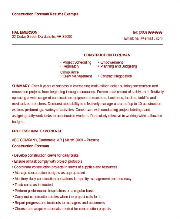 Construction Project Manager Foreman Resume Example Construction Project Manager Foreman Resume Example