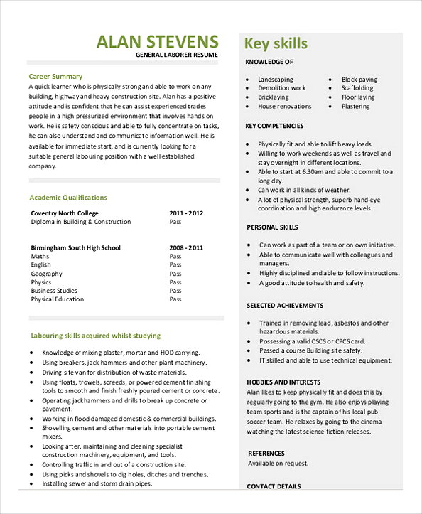 Construction Project Manager Laborer Resume Sample Construction Project Manager Laborer Resume Sample