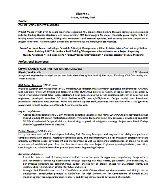Construction Project Manager Resume Free PDF 1 Construction Project Manager Resume Free PDF 1