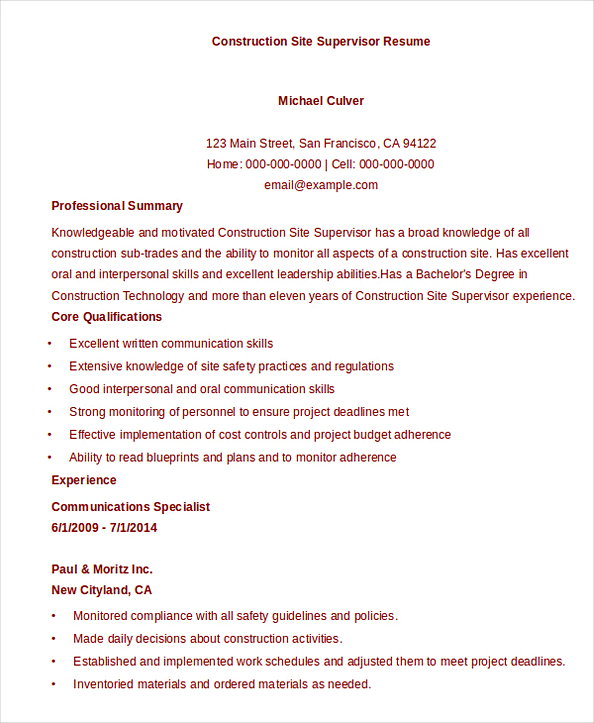 Construction Project Manager Site Supervisor Resume Template Download Construction Project Manager Site Supervisor Resume Template Download