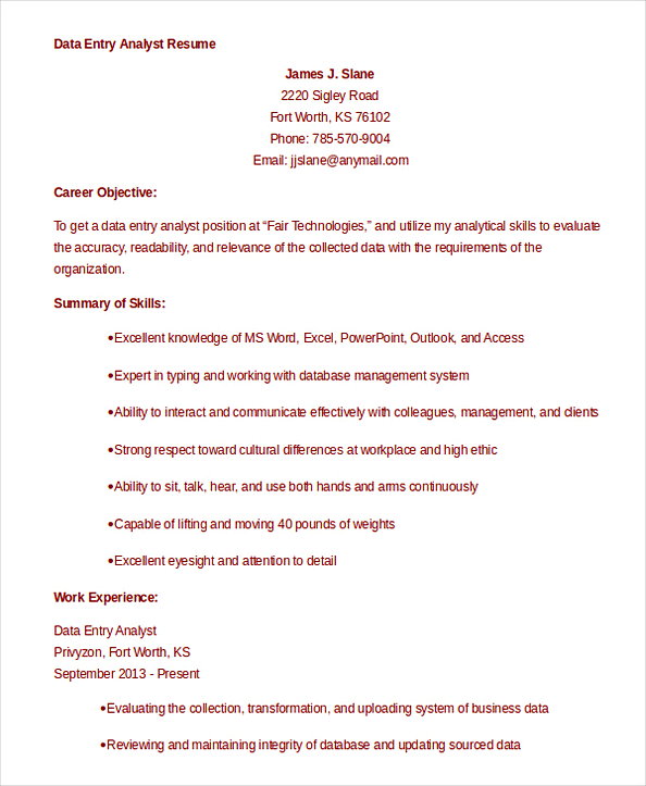 Data Entry Analyst Resume Data Entry Analyst Resume