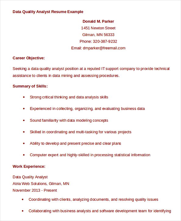 Data Quality Analyst Resume Example Data Quality Analyst Resume Example