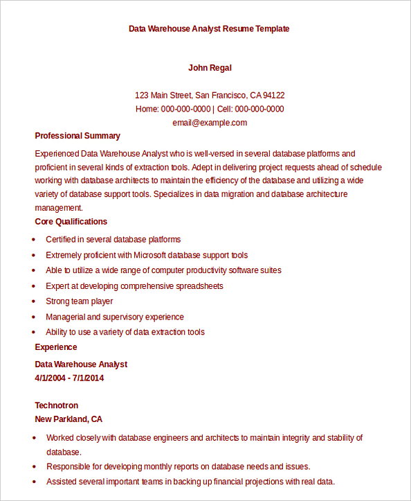 Data Warehouse Analyst Resume Template Data Warehouse Analyst Resume Template