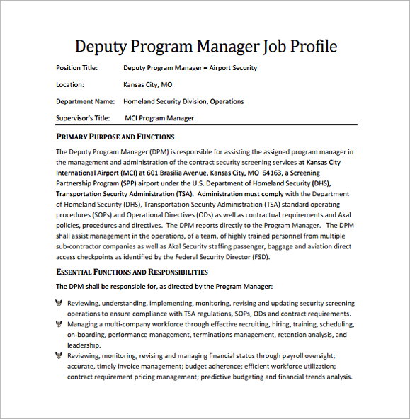 Deputy Program Regional Manager Job Description Free PDF Download Deputy Program Regional Manager Job Description Free PDF Download