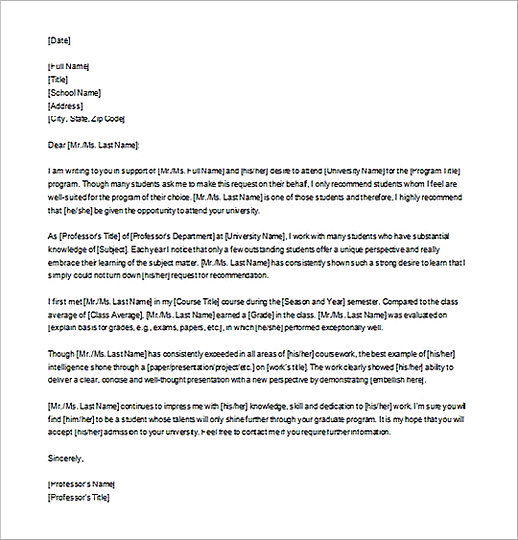 Editable Letter of Recommendation for Graduate School Editable Letter of Recommendation for Graduate School