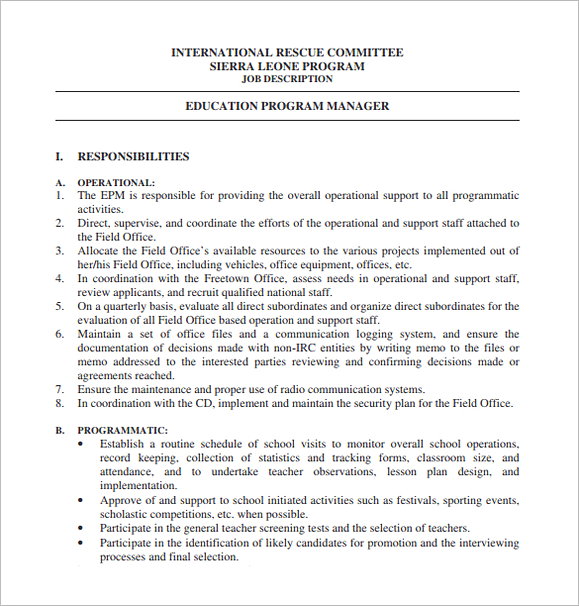 Education Program Regional Manager Job Description Free PDF Template Education Program Regional Manager Job Description Free PDF Template