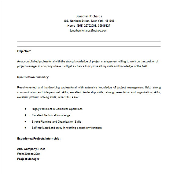 Entry Level Project Manager Resume in MS Word Entry Level Project Manager Resume in MS Word