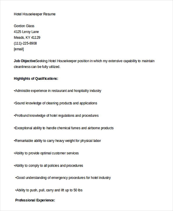 Example Hotel Housekeeper Resume Template Example Hotel Housekeeper Resume Template