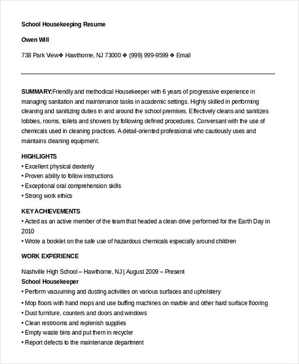 Example School Housekeeper Resume Template Example School Housekeeper Resume Template