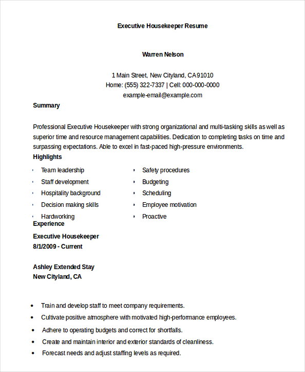 Executive Housekeeper Resume Executive Housekeeper Resume