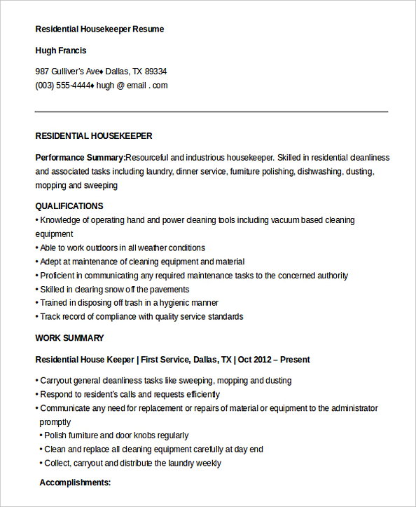 Free Download Residential Housekeeper Resume Free Download Residential Housekeeper Resume