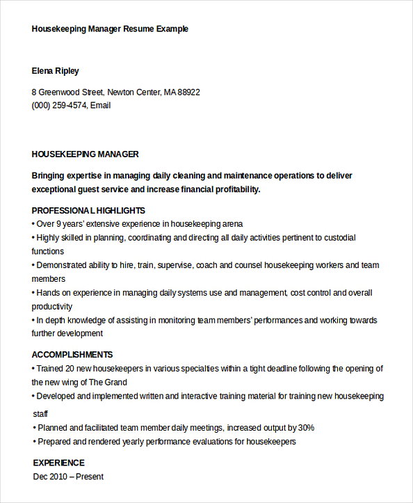 Housekeeper Manager Resume Template Example Housekeeper Manager Resume Template Example