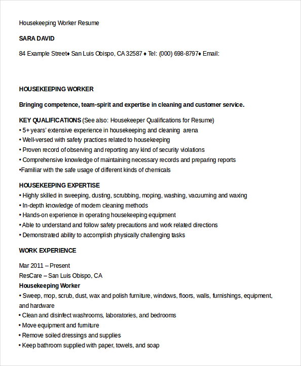 Housekeeping Manager Worker Resume Template Housekeeping Manager Worker Resume Template