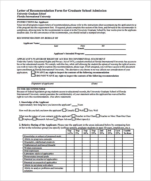 Letter of Recommendation Form for Graduate School Admission Letter of Recommendation Form for Graduate School Admission