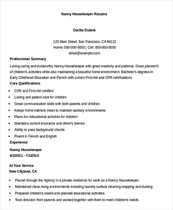 Nanny Housekeeper Resume Example Nanny Housekeeper Resume Example