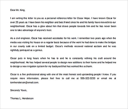 Personal Letter of Recommendation Sample Personal Letter of Recommendation Sample