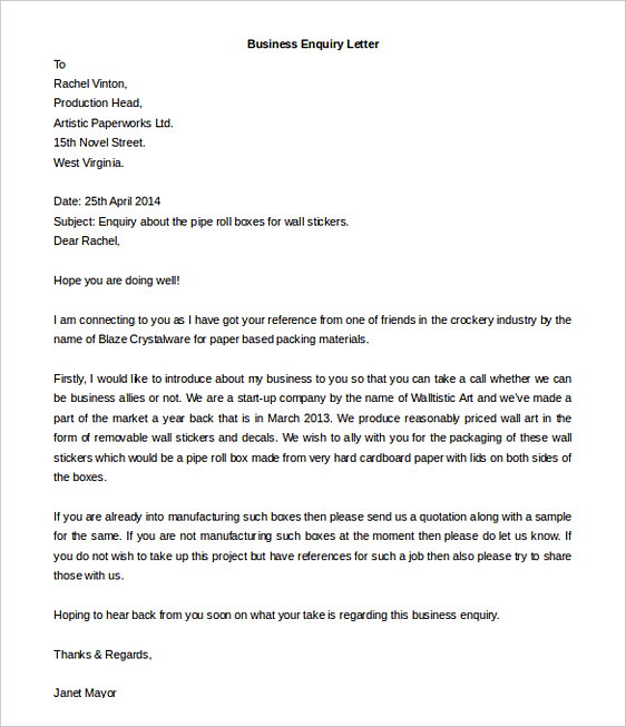 Printable Business Enquiry Letter templates Printable Business Enquiry Letter templates