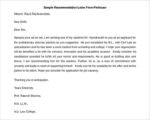 Printable Sample Recommendation Letter From Professor Printable Sample Recommendation Letter From Professor