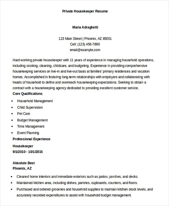 Private Housekeeper Resume Private Housekeeper Resume